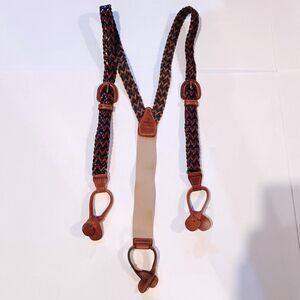 Vtg Braided Leather Y Back Suspenders-Button Attachment-Adjustable-Made Turkey